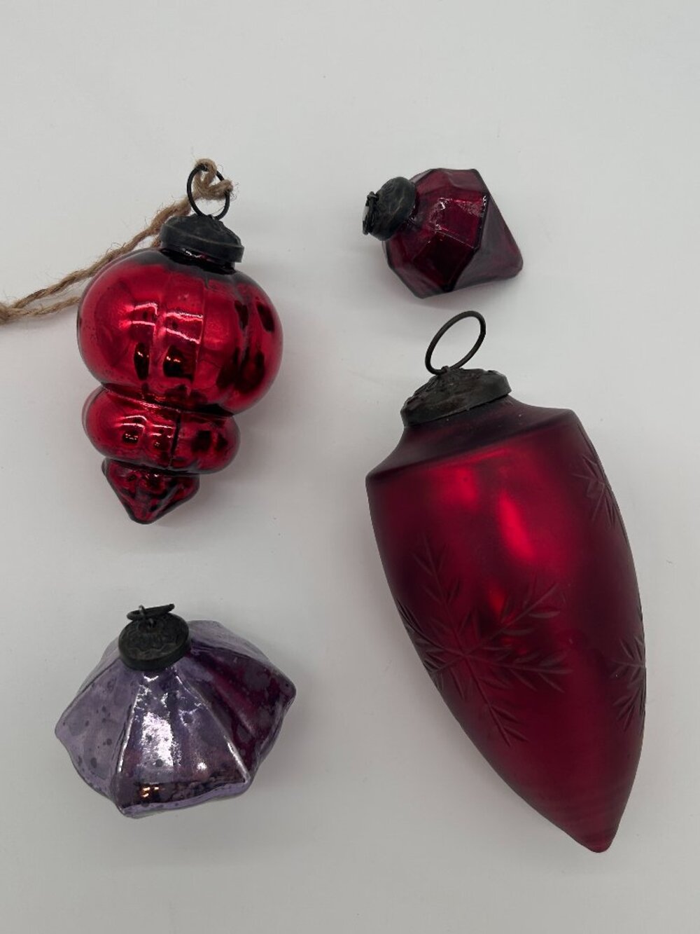 4 Vintage Kugel Style Glass Ribbed Teardrop Christmas Ornaments Red